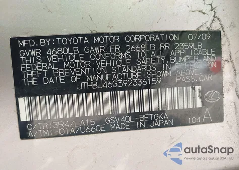 2009 Lexus Es 350 from USA, damaged, VIN JTHBJ46G392336159